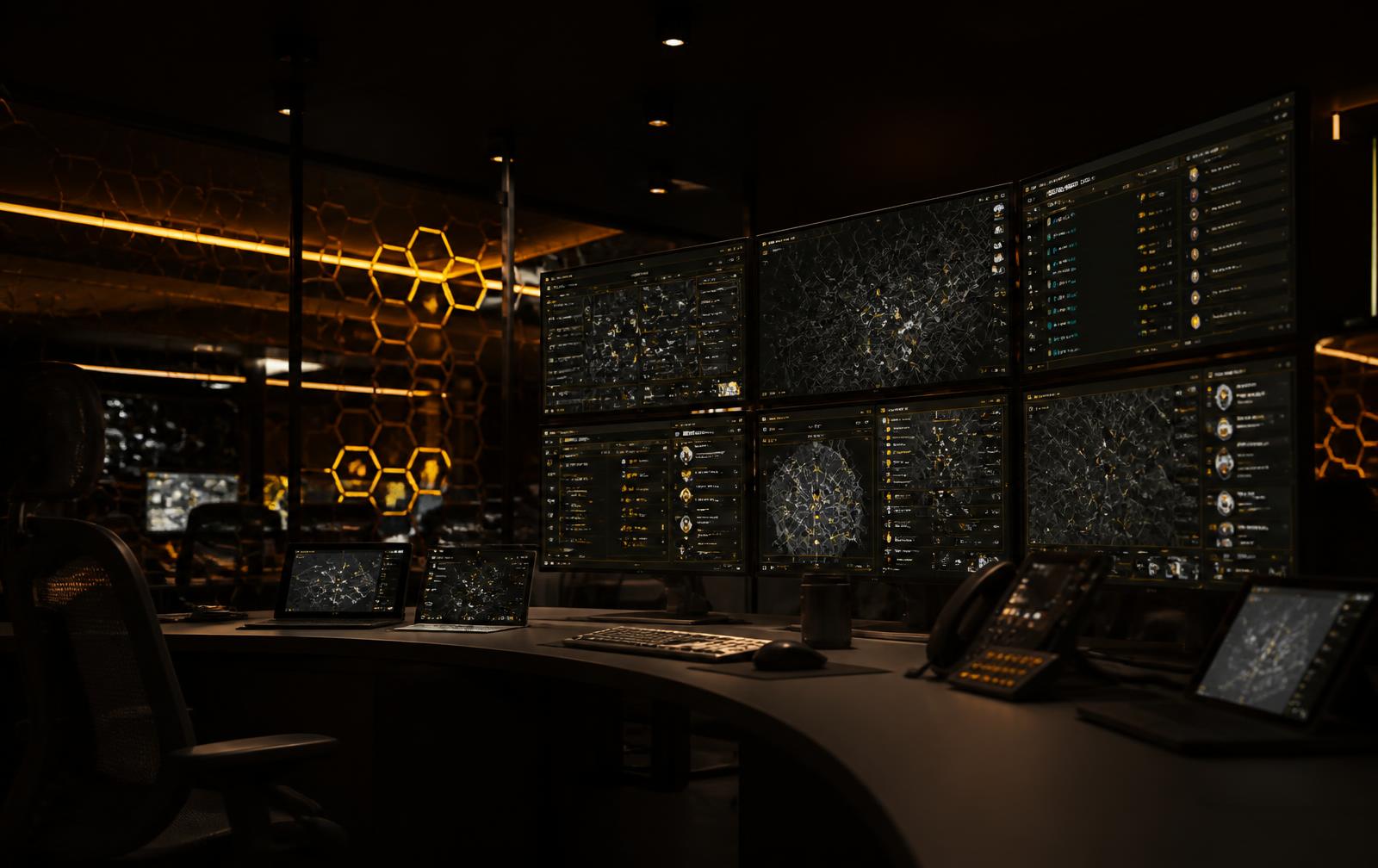 Dispatch control room with amber lit screens